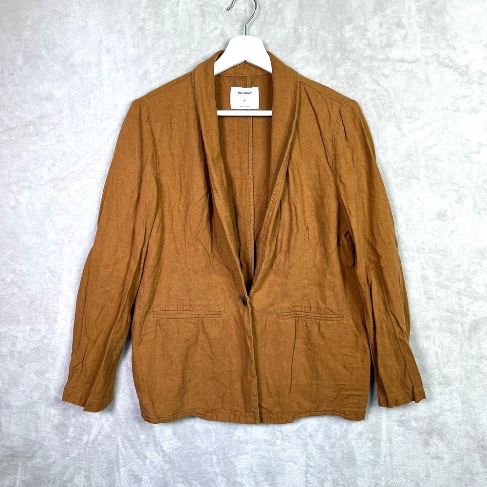 Old Navy Womens Linen Blend Blazer Medium‎ Brown Unstructured Career Lightweight